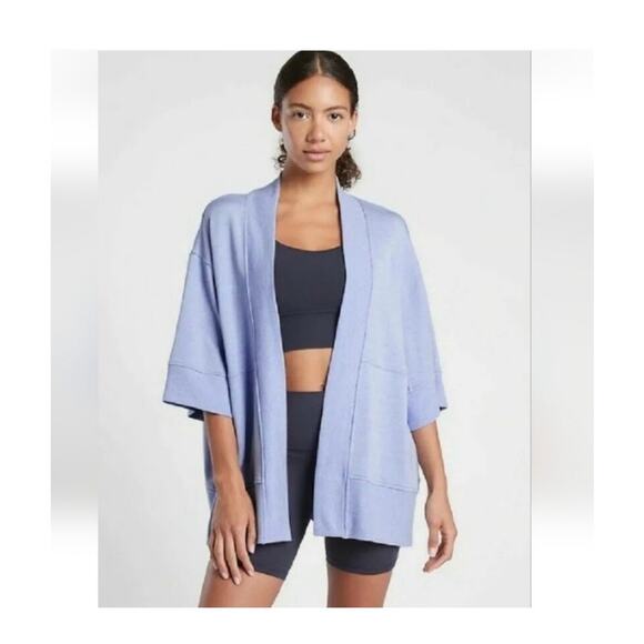 Athleta Lotus Textured Wrap Cardigan S/M Light Blue Open Shrug Cozy Relaxed - Picture 2 of 13